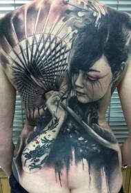 Beautiful geisha and umbrella tattoo on the back