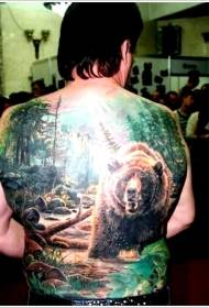 Back realistic realistic cute bear tattoo in the woods