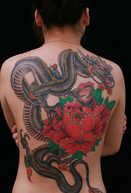 Beauty full back dragon and peony tattoo pattern