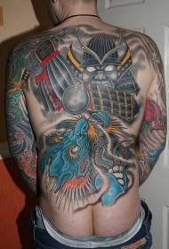 Back samurai battle dragon color tattoo pattern