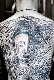 Buddha and magic full back tattoos each covering half of the face