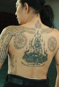 Back full of Buddha statues and scripture tattoos