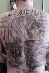 Full back black and white wolf tattoo pattern