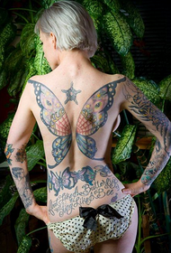 Female full back butterfly body English word tattoo pattern