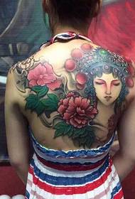 Patrón de tatuaxe en denim de peonia e flor traseira
