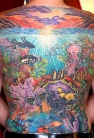 Full back colored sea world tattoo pattern
