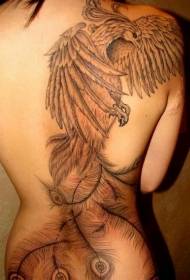 Girl's back beautiful black gray phoenix tattoo pattern