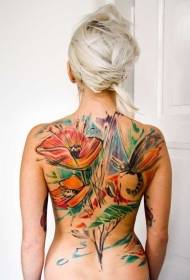 Back great watercolor flowers with skull tattoo pattern