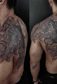Handsome black grey angel tattoo picture of man back