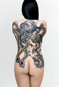 Female full back black and white phoenix tattoo pattern