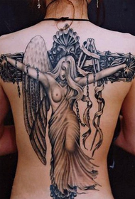 Female full back cross angel tattoo