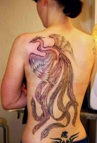 Girl back black gray phoenix tattoo pattern