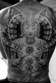 Back Buddha statue with sly character religious tattoo pattern
