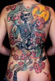 Back colored dance skull flower tattoo pattern