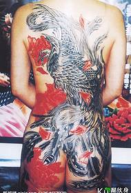 Back female large black and white phoenix tattoo