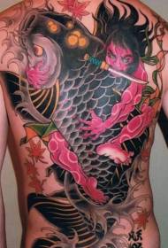 Japanese style huge koi warrior full back tattoo pattern