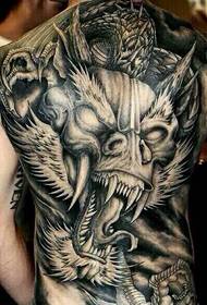 Full back black and white evil totem tattoo pattern