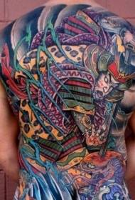 Full back colored Japanese samurai tattoo pattern