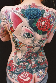 Full cat cat floral tattoo pattern