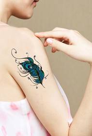 girl arm color peacock green feather elegant noble tattoo