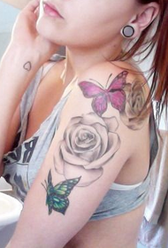 beauty shoulder-looking rose butterfly tattoo