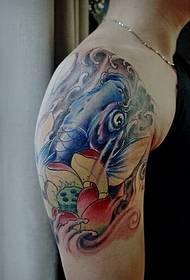 Men's arm color squid lotus tattoo illustration
