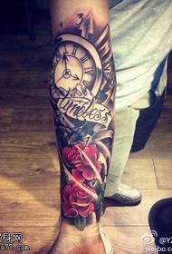 Arm school clock rose tattoo pattern