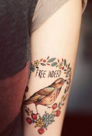 Personlig kvinnlig arm vacker färgstarka fågelblomma tatuering bild