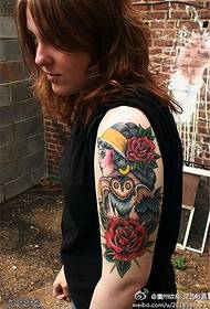 Arm color girl rose flower owl tattoo pattern