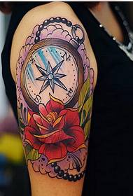 Stylish arm beautiful looking colorful rose compass tattoo picture