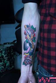 Creative Rose Swallow Heavy Color Arm Tattoo Picture