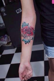 Arm color rose letter tattoo picture
