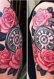 Personality arm beautiful looking clock rose tattoo picture