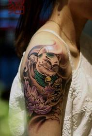 Arm color peony lucky cat tattoo picture