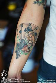 Arm watercolor super feminine poker girl tattoo pattern