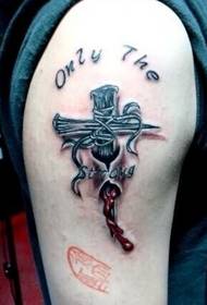 Cross tattoo with blood on the big arm