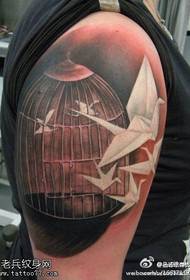 Black red thousand paper crane flying bird cage tattoo pattern