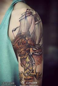 Big arm realistic color sailboat tattoo pattern