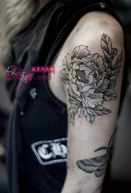 Point peony black and white arm tattoo