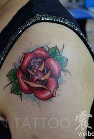 Female shoulder color rose tattoo picture