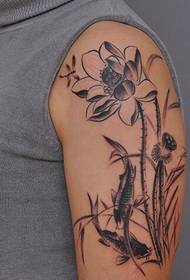 Emakume ederra beso eskuz zuri-beltza eta lotus koi tatuaje ilustrazioa