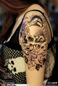Woman arm skull chrysanthemum tattoo works shared by tattoo shop