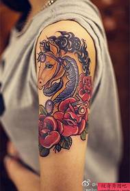 Arm color horse rose tattoo pattern