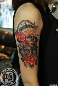 Arm color school girl rose tattoo pattern