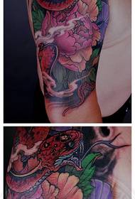 Arm beautiful trend colored snake and peony flower tattoo pattern