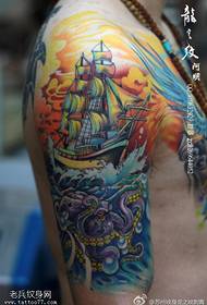 Tattoo show, recommend an arm color sailing octopus tattoo work