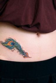 girl abdomen peacock feather tattoo pattern