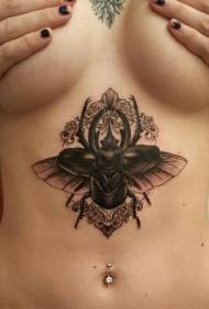 abdominal black insect flower tattoo pattern