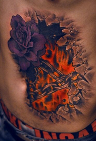abdomen colored ground flame rose tattoo picture