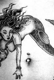 Abdomen black and white mermaid tattoo pattern
